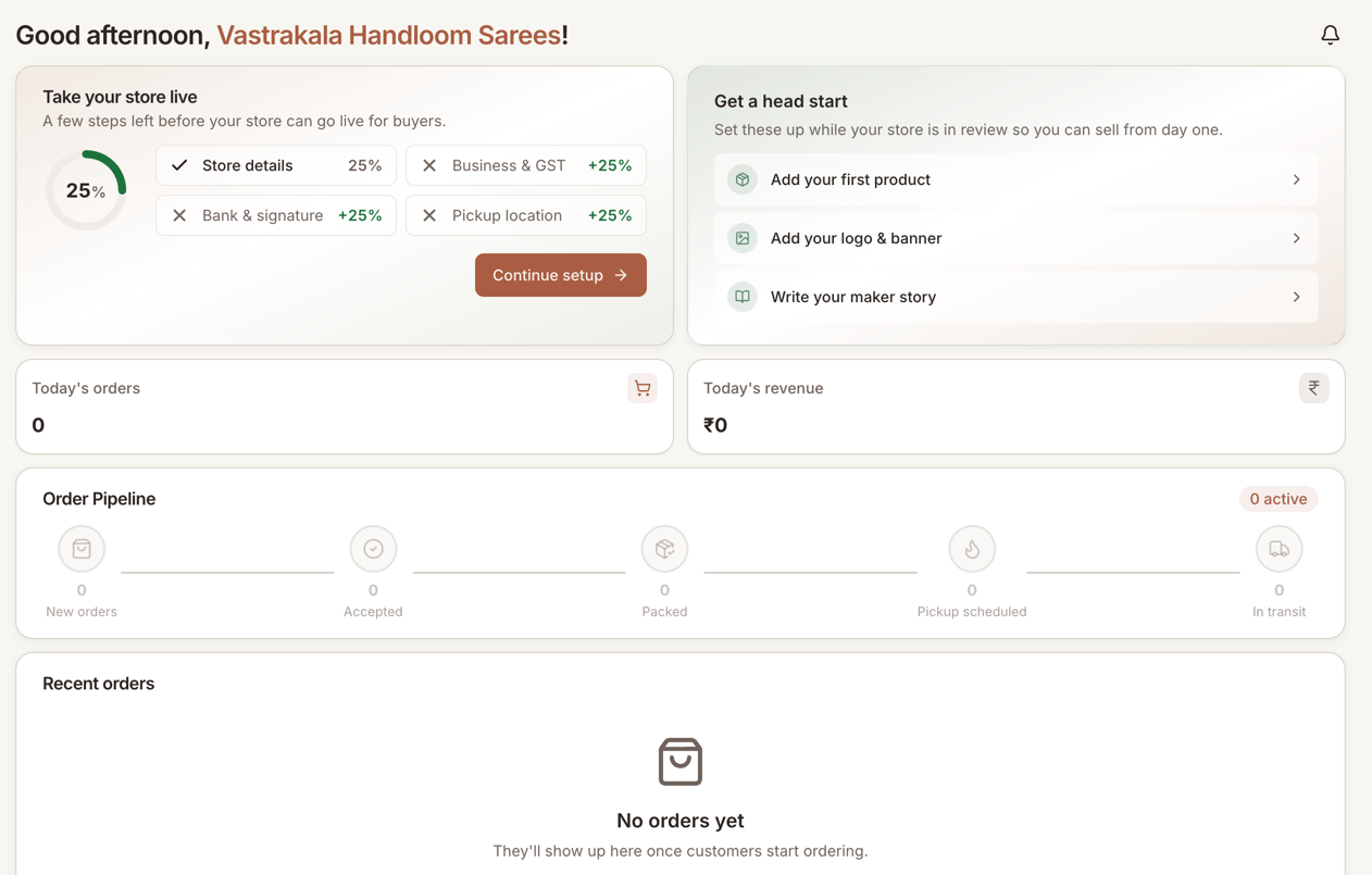 The dashboard go-live checklist showing progress at 25 percent, with Store details done and Business, Bank, and Pickup steps still to complete.