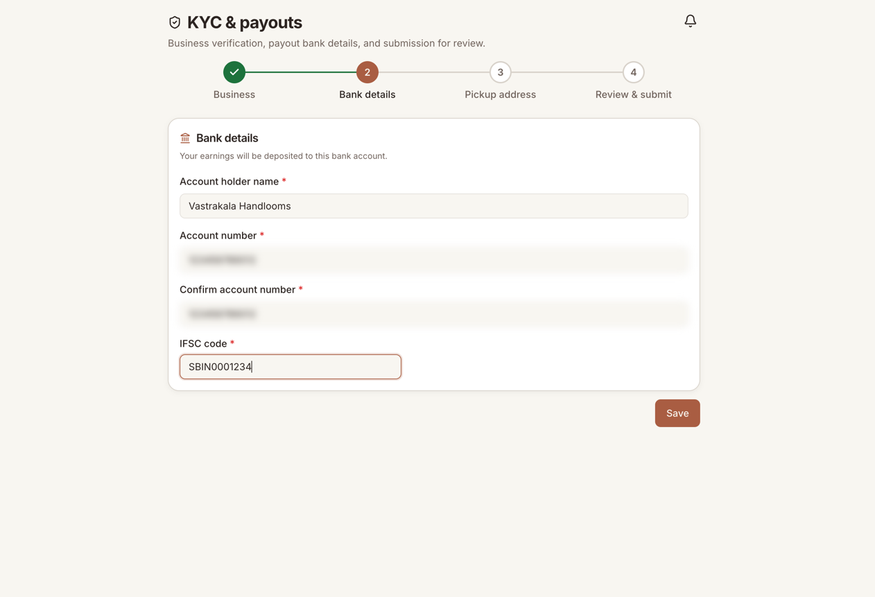 The bank details step with account holder name, account number, confirm account number, and IFSC fields.