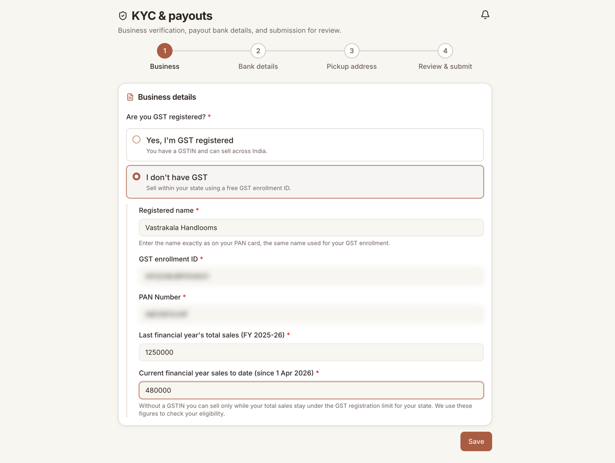 The business details step with the no-GST option chosen, showing registered name, GST enrollment ID, PAN, and last-year and this-year sales fields.