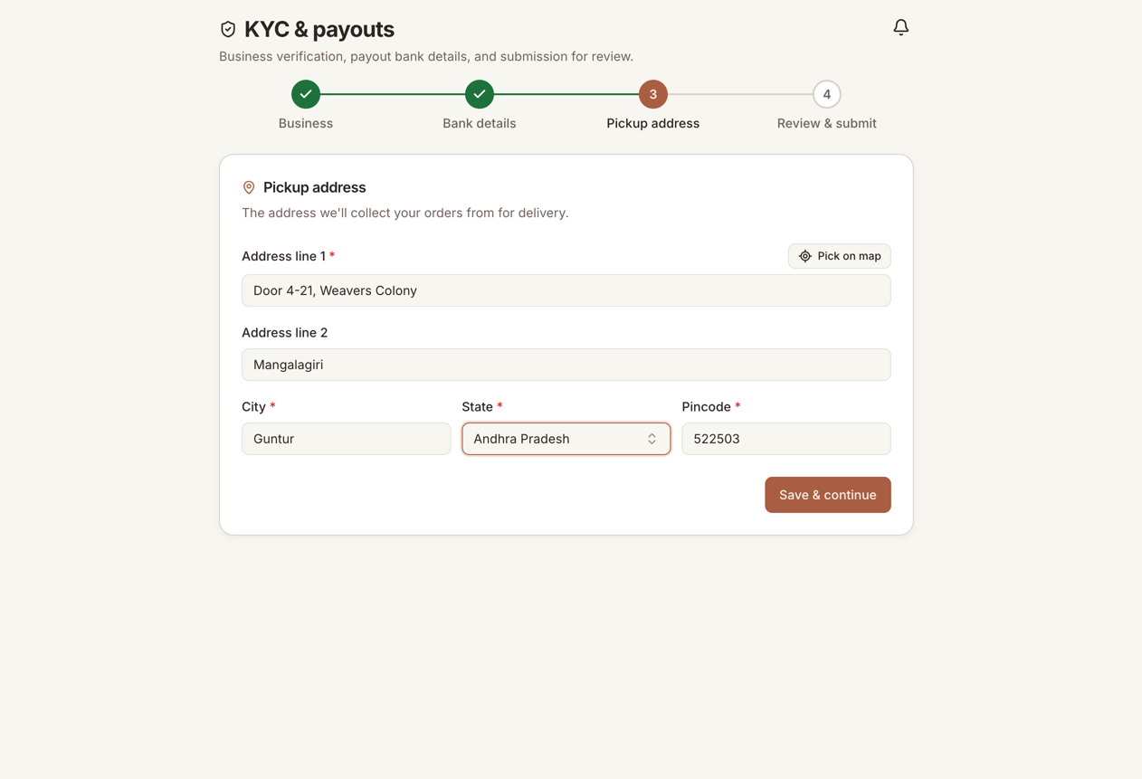 The pickup address step with address line, city, state, and pincode fields.