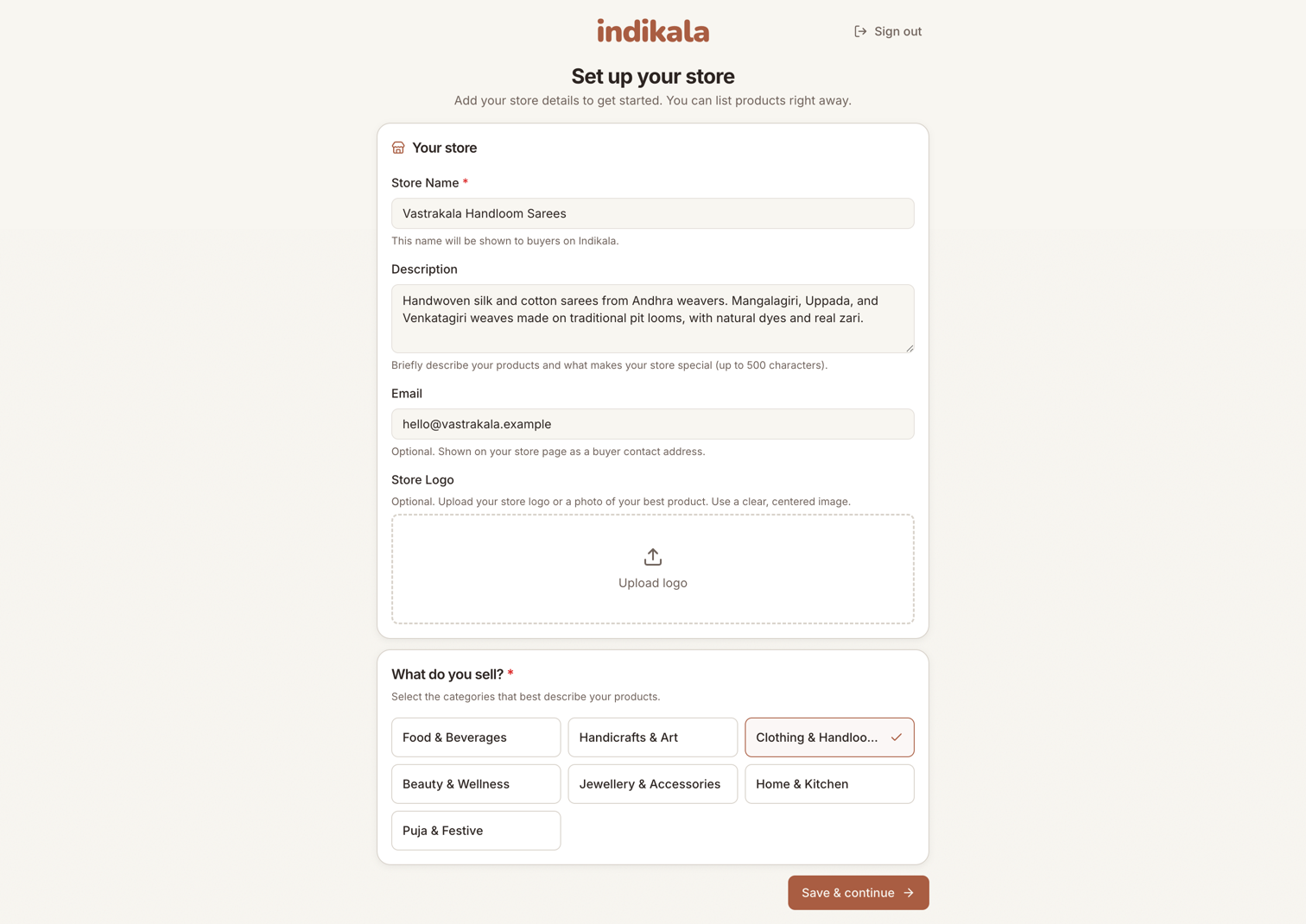The store setup screen, with fields for store name, description, email, logo, and a set of category options to pick what you sell.